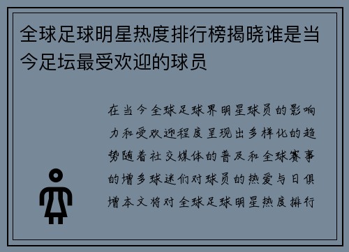 全球足球明星热度排行榜揭晓谁是当今足坛最受欢迎的球员